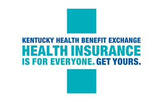 Blue vertical line with text reading Kentucky Health Benefit Exchange Health Insurance is for Everyone.  Get Yours.
