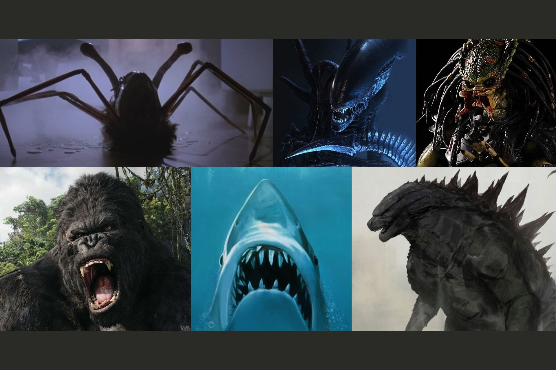 compilation of monsters: spider, king kong, jaws, godzilla, etc.