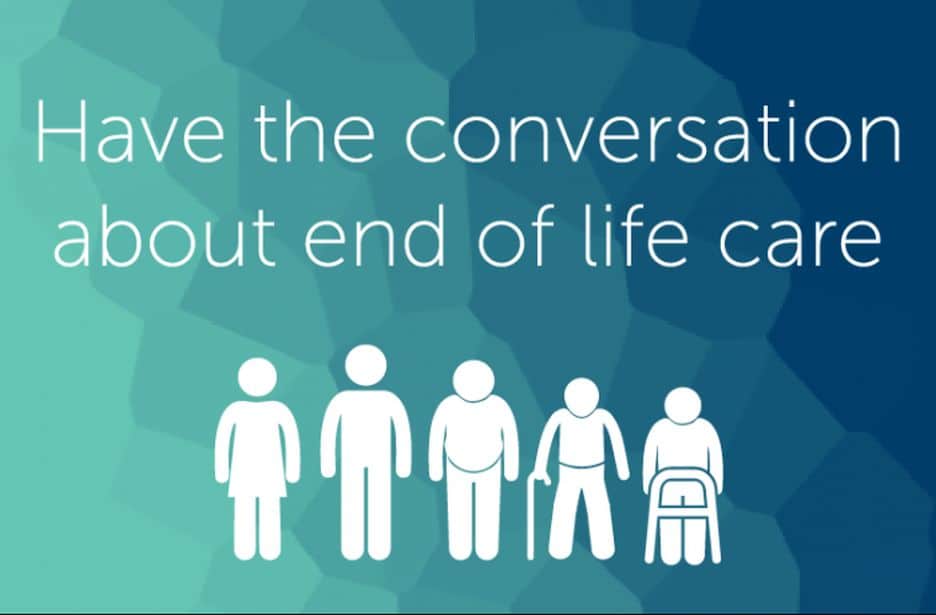 A progression of aging adults with the text Have the conversation about end of life care