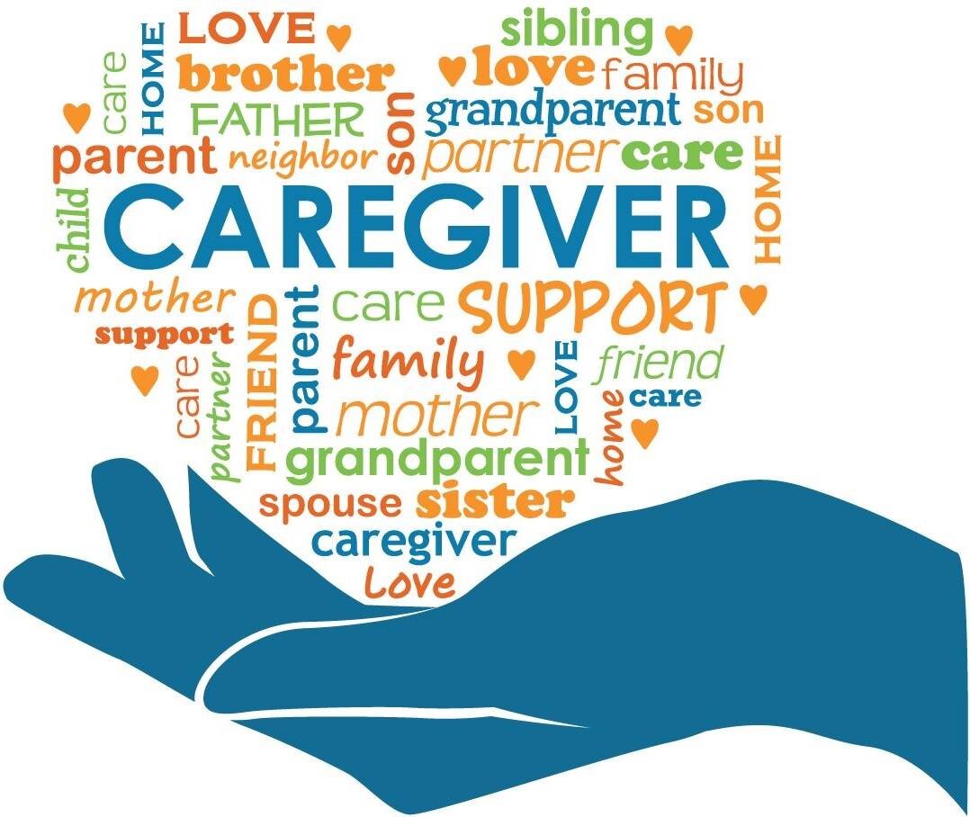 a blue hand holding words synonymous with caregiver, in the shape of a heart