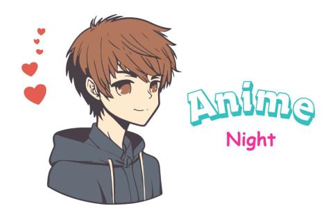 Smiling teen with banner that says 'Anime Night'