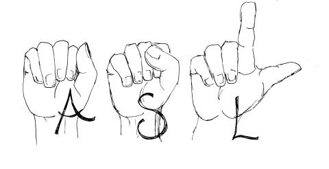 Hands making the sign language letters for A S L