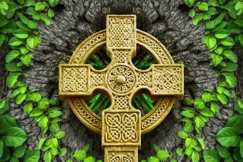 a gold Celtic cross on the ground surrounded by green plants