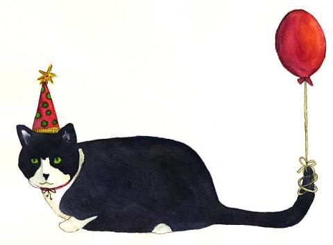 black and white cat with a red hat holding a red balloon with tail