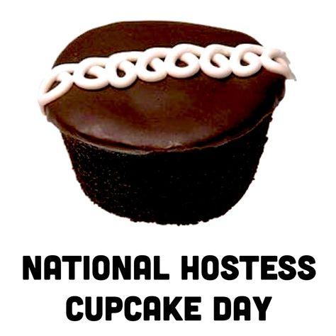 chocolate cupcake with white frosting with text that says National Hostess Cupcake Day
