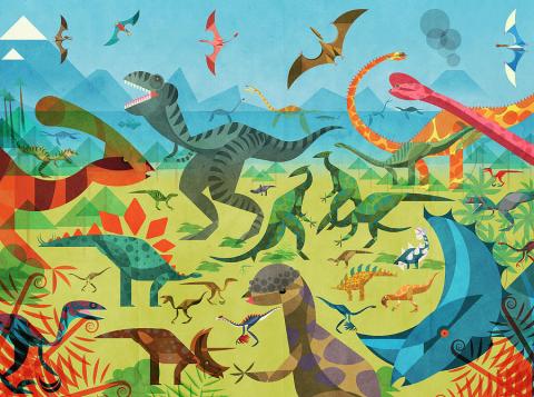 a bunch of colorful dinosaurs