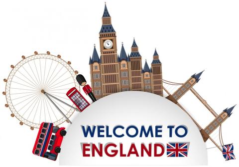 British landmarks and icons clustered over a hill with text "Welcome to England"