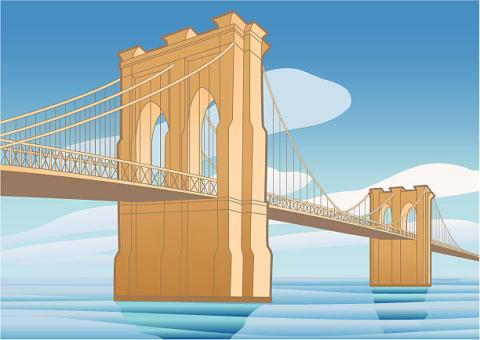 Blue sky background, Golden image of Brooklyn Bridge in foreground