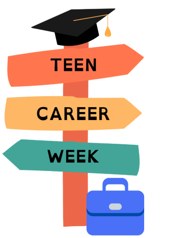 Signpost reading 'Teen Career Week' with graduation cap and briefcase