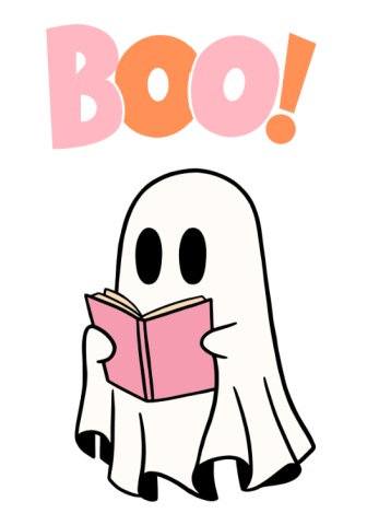 Ghost reading a book with the word 'Boo' above its head