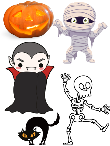 pumpkin, mummy, skeleton, cat, vampire