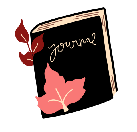 A journal surrounded by autumn leaves