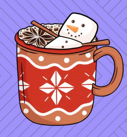 A marshmallow snowman chilling in a cup of hot chocolate