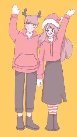 Anime-style boy and girl wearing reindeer antlers