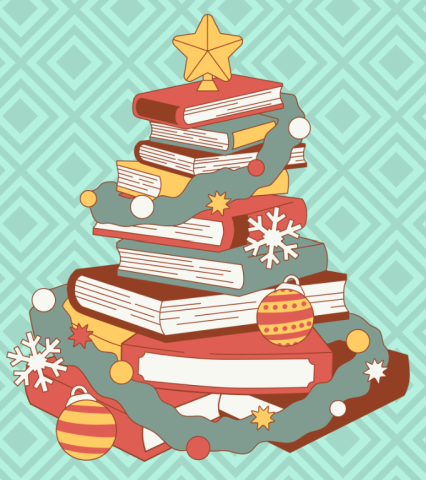 Stack of books decorated like a Christmas tree