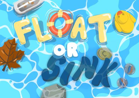 The word "float" in yellow font, the word "sink" in blue font - with light blue pool water background