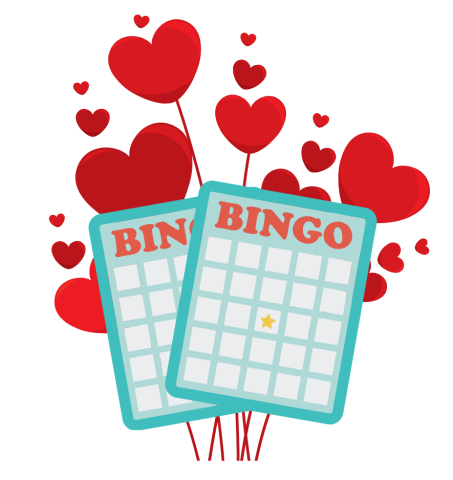 Bingo cards in front of hearts