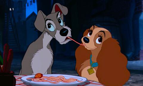 lady and the tramp eating spaghetti