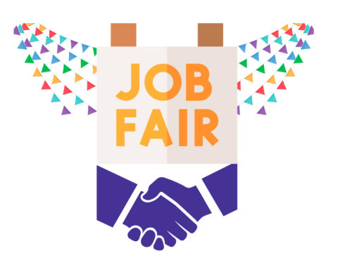 Image of a handshake below a sign reading 'Job Fair'