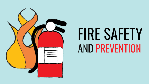 aqua background, orange fire, red fire extinguisher, text reads Fire Safety and Prevention