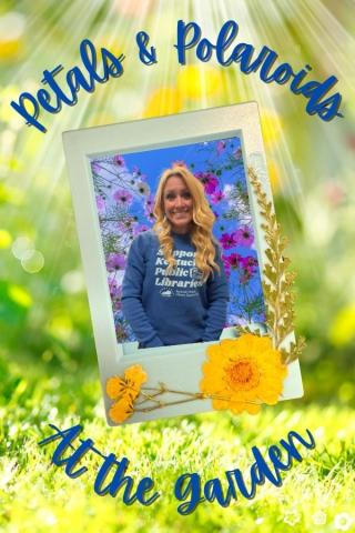Photo of girl in front of flowers.