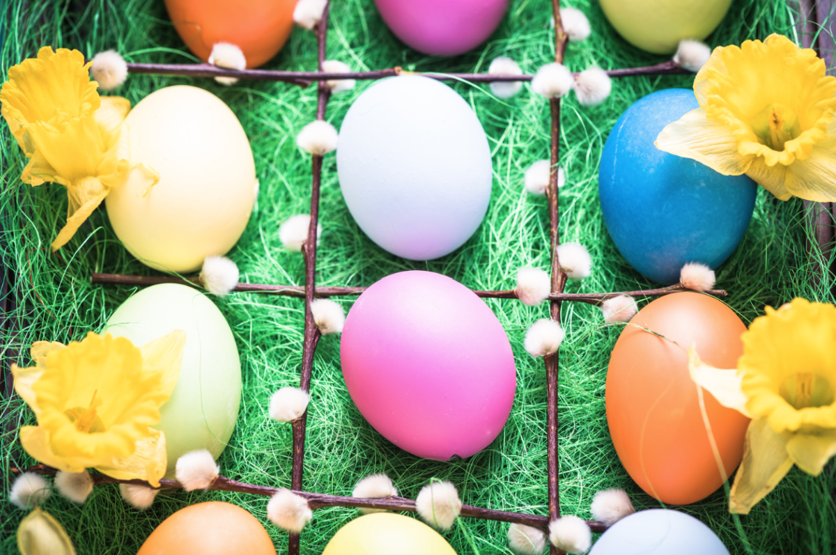 Colorful easter eggs lying on the grass