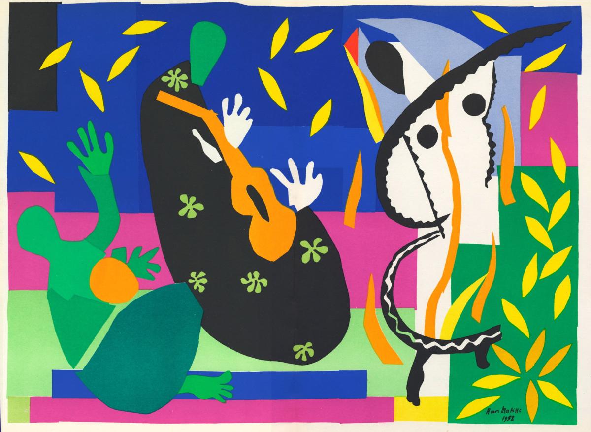 famous artpiece by Henri Matisse using colorful paper shapes cut with scissors