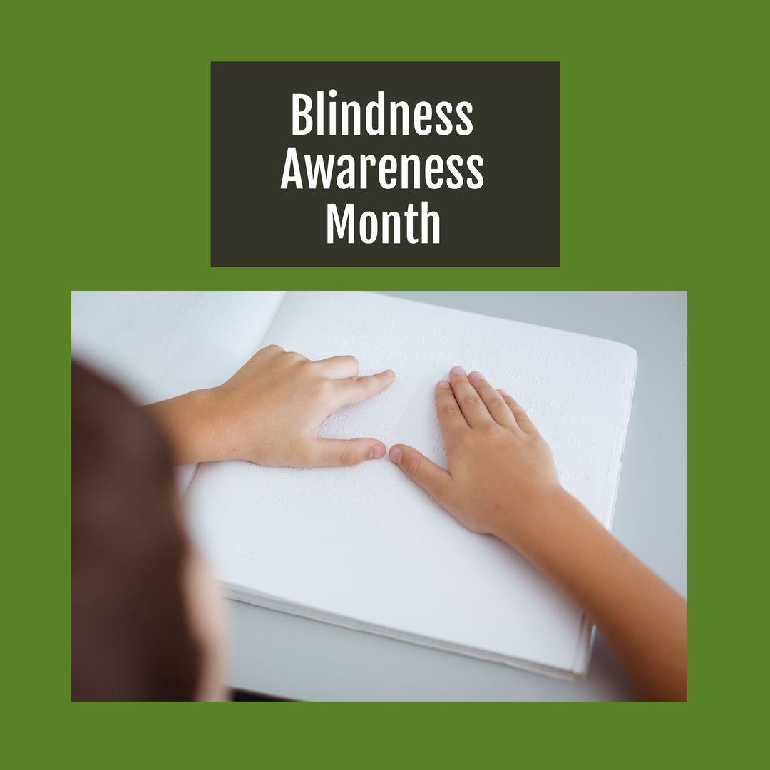 Green background, brown square with white text reading "Blindness Awareness Month" photo of child reading braille book with two hands