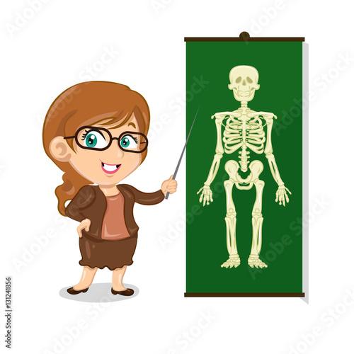 Woman with glasses and brown suit aiming pointer at a green poster with a white skeleton