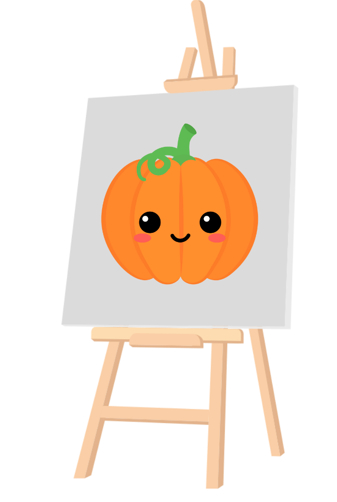 An easel and canvas with a painting of a pumpkin