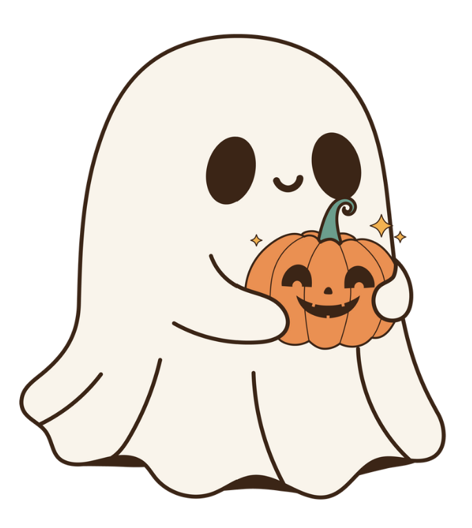 Smiling ghost holding a pumpkin