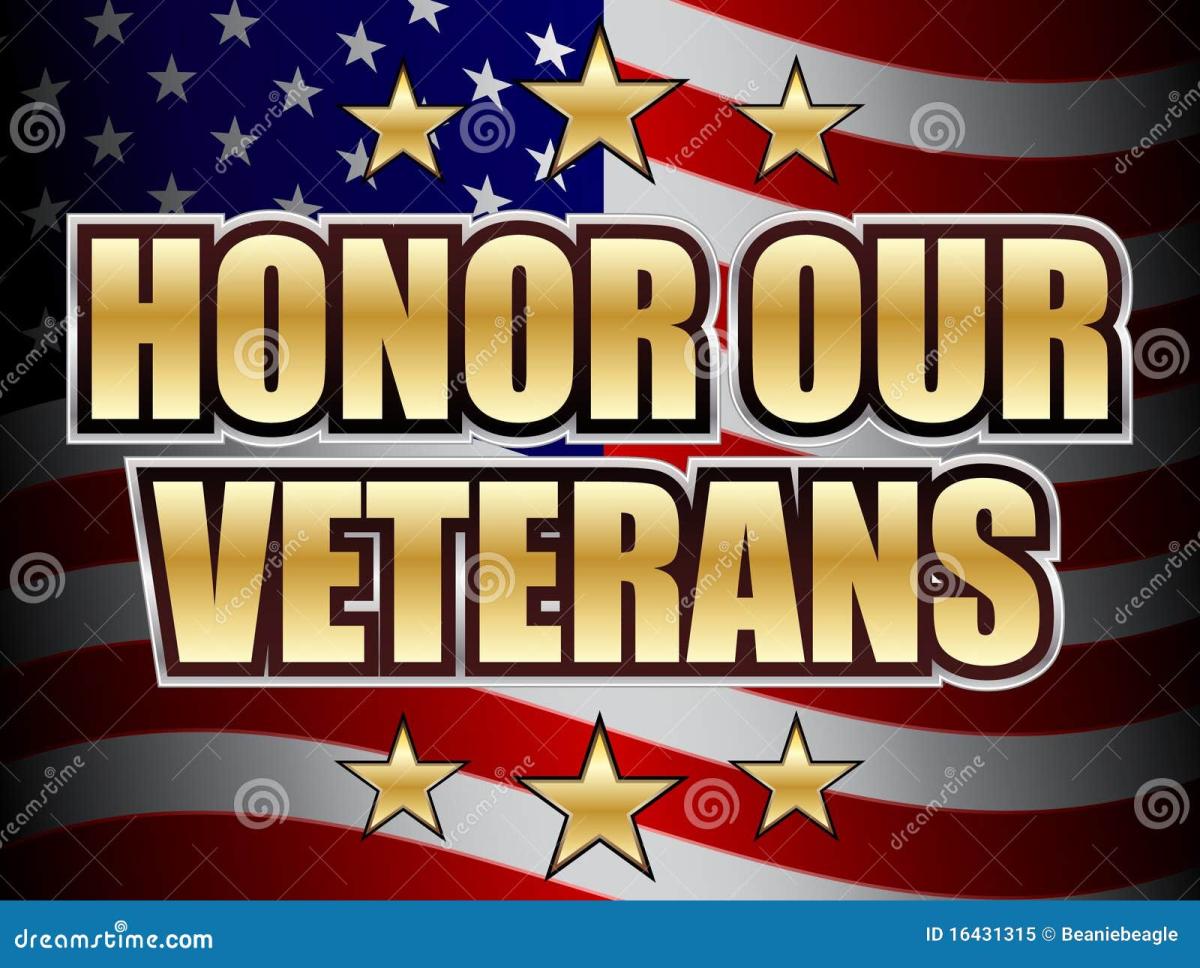 American flag background, gold letters that read Honor Our Veterans