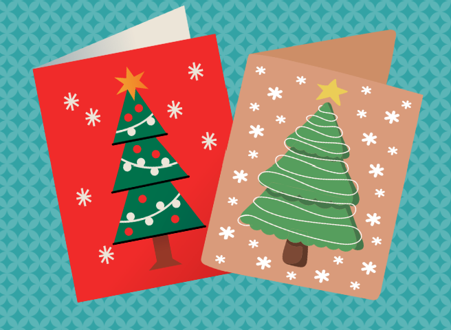 Cards with Christmas trees drawn on the front