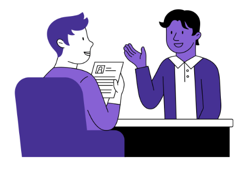 Two people chatting while one is holding a resume