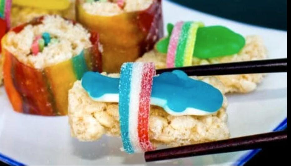 A 'sushi roll' made of rice krispie and gummy fish